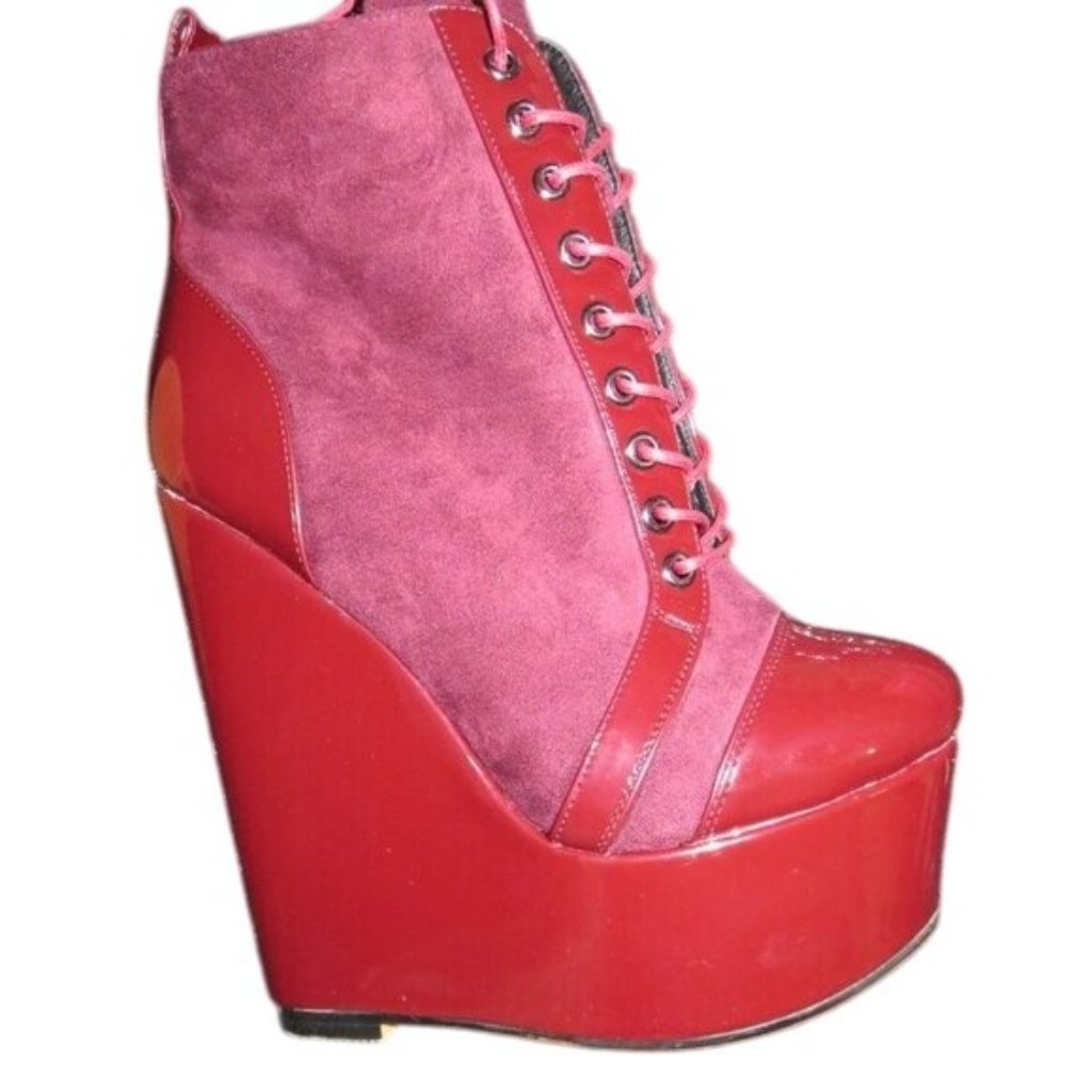 Dolls Kill Suede & Patent Leather Platform Boot Wedges Pink & Red Nwt Size 7 37